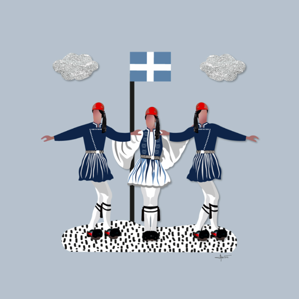 Three dancers in traditional Greek costumes with a Greek flag on a light blue background