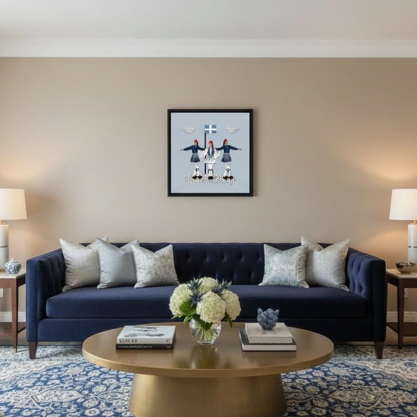 Living room with a blue sofa, coffee table, and framed artwork on the wall.