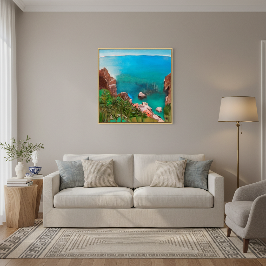 Living room with a beige sofa, decorative pillows, and a large painting of a tropical scene on the wall.
