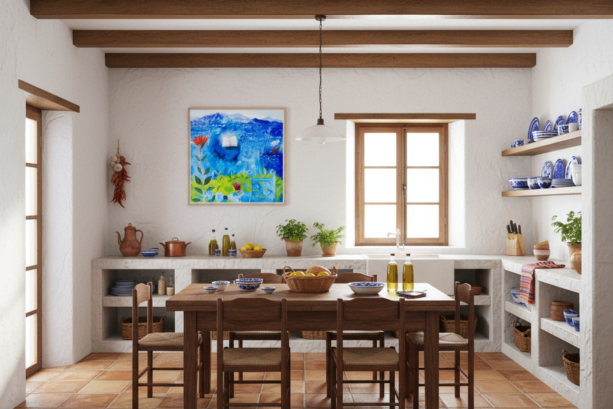 Modern kitchen with wooden dining table and chairs, colorful abstract painting on the wall.