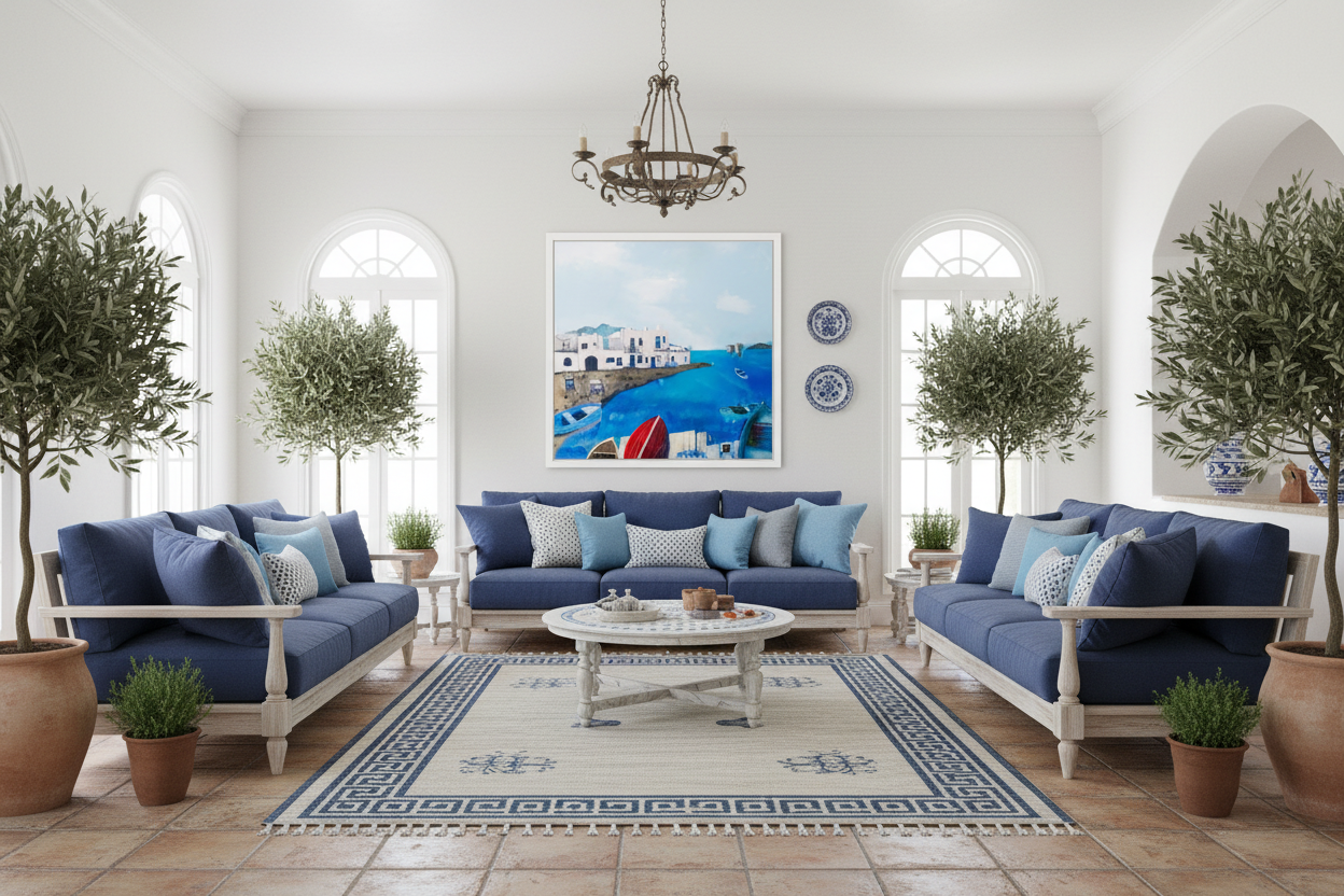 Living room with blue sofas, white coffee table, and decorative elements.