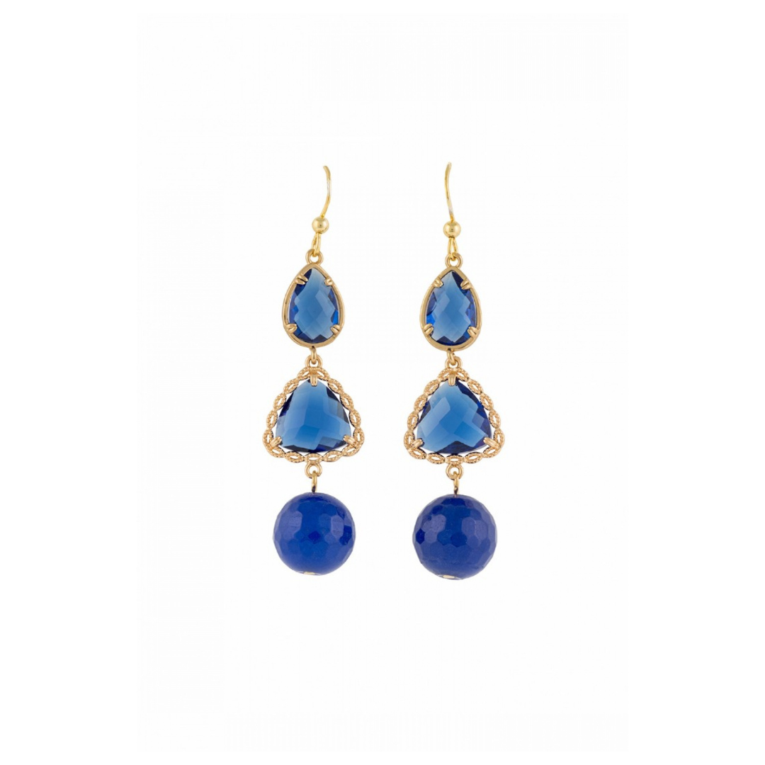 A pair of gold-plated earrings featuring blue crystal pendants and a smaller gold element, dangling from a larger blue spherical bead.