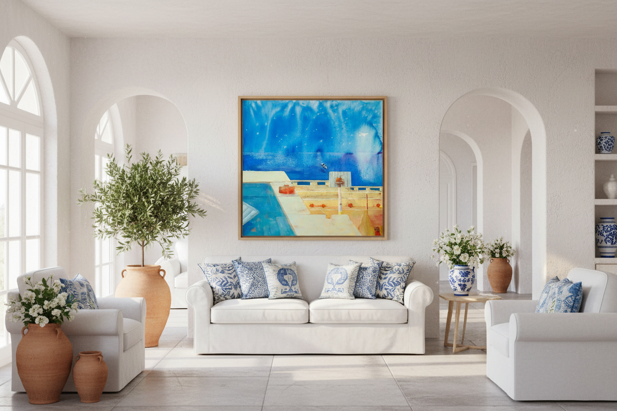 Modern living room with white furniture, decorative pillows, and a large abstract painting.