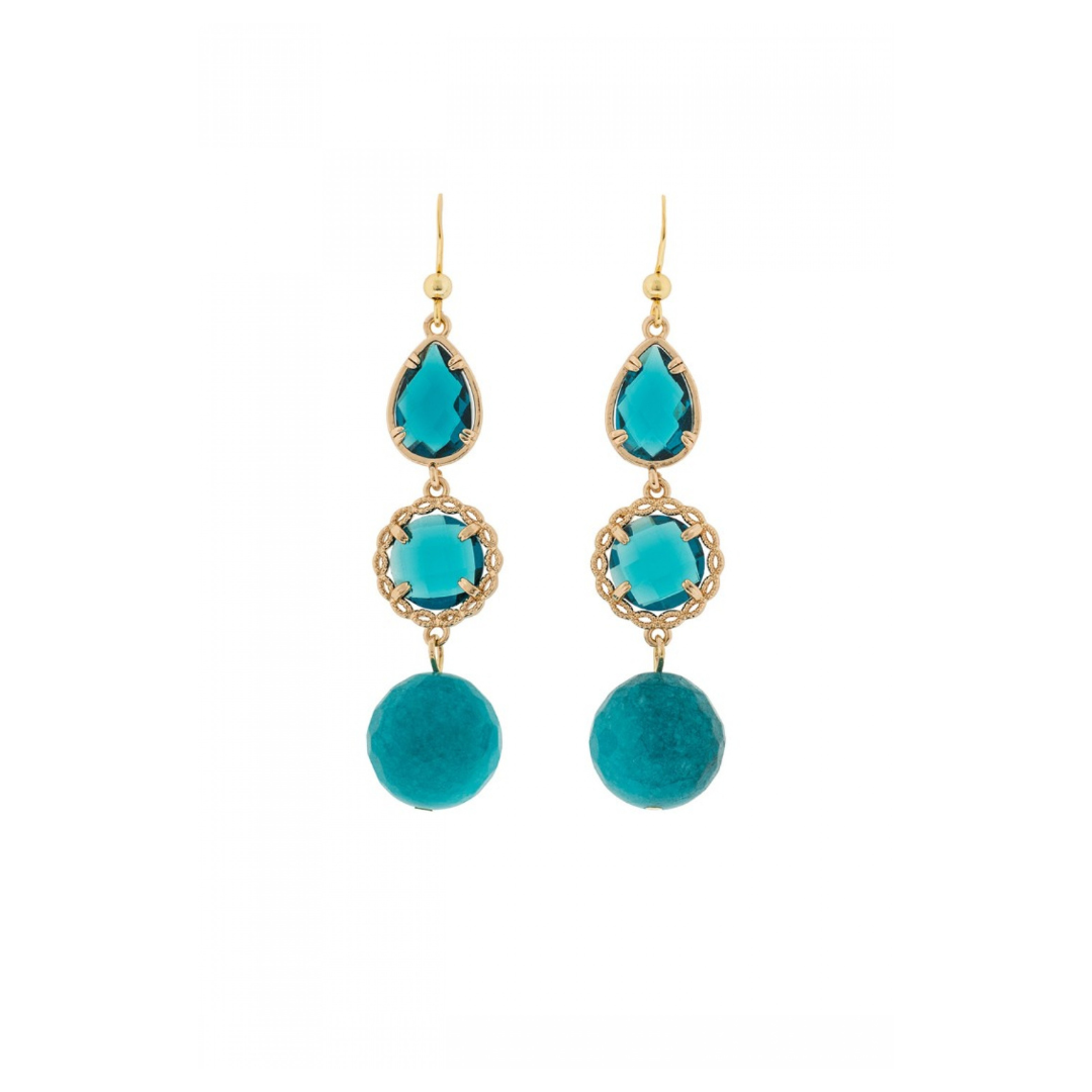 A pair of gold-plated earrings featuring blue crystals and coral, with round blue pom-pom-like elements at the bottom.