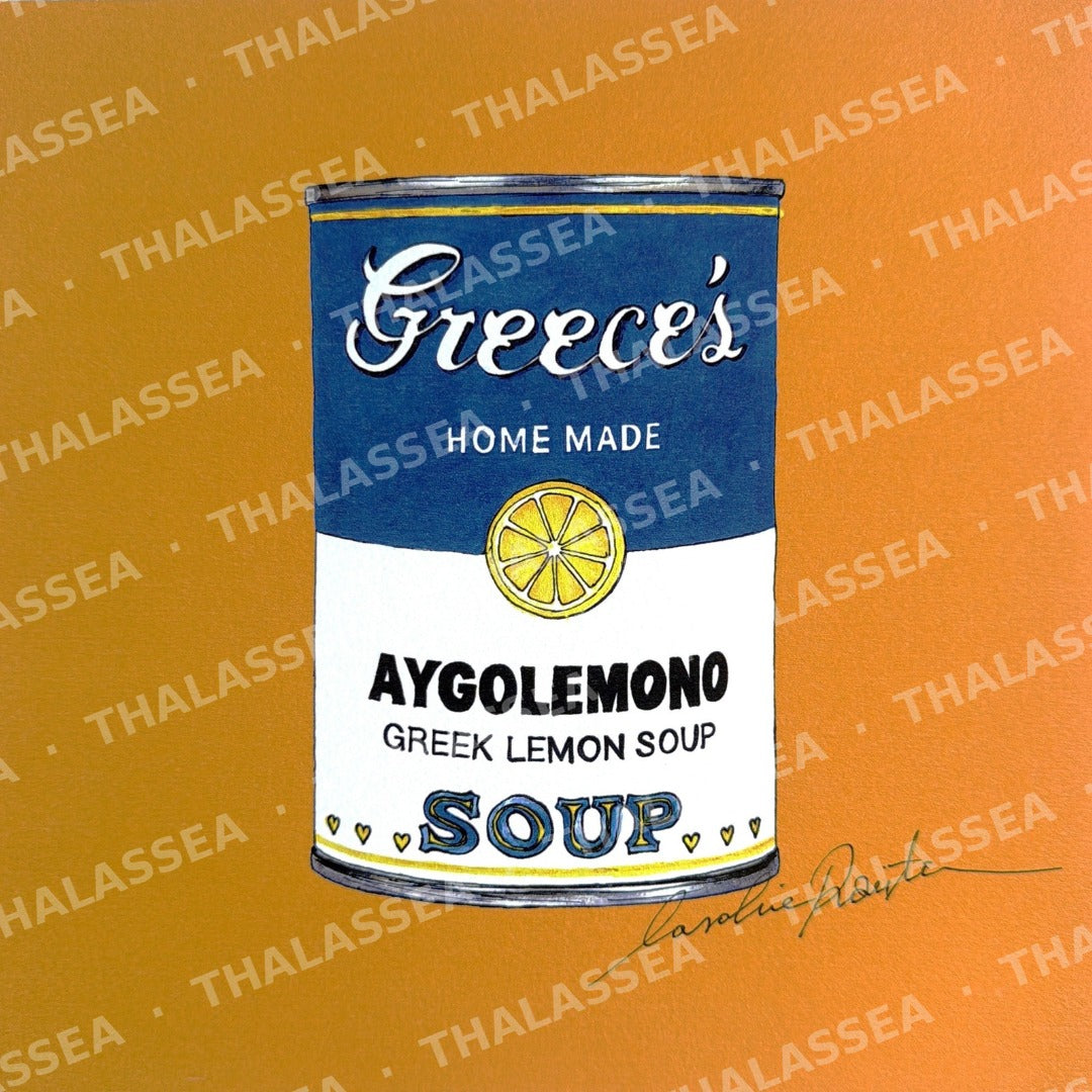 Avgolemono Orange (Small Prints Collection) – Greek pop art print by Caroline Rovithi, navy and white avgolemono soup can on orange, detail view | Thalassea