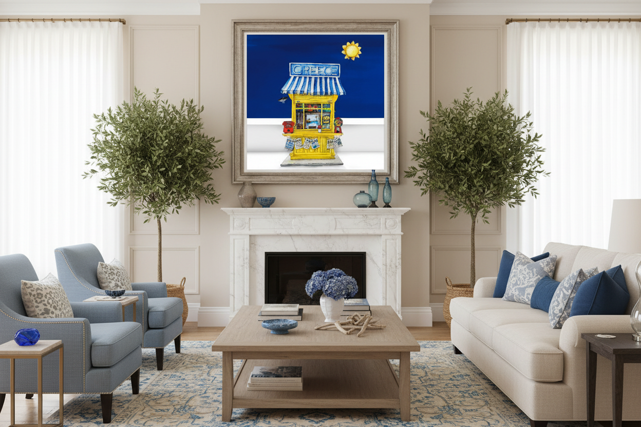 Living room with a fireplace, sofa, chairs, and decorative items.