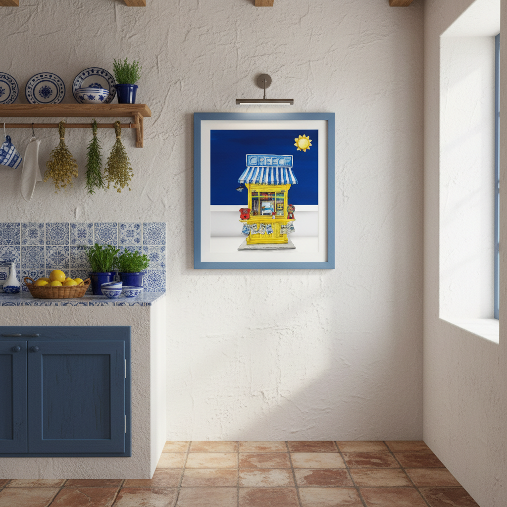 Framed artwork of a yellow building with a blue roof in a kitchen setting.