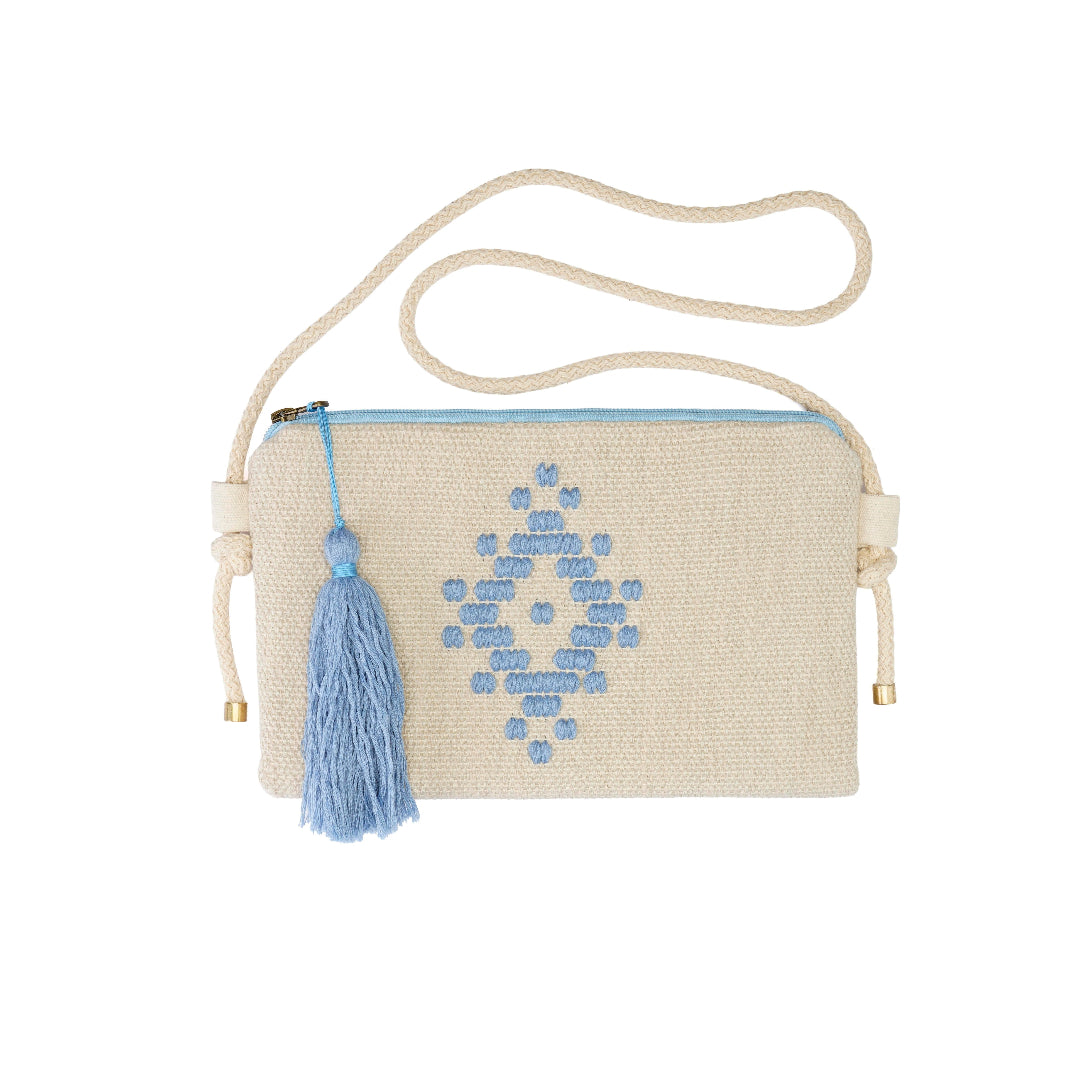 Shoulder Bag Blue – handwoven Greek cream cotton crossbody bag with blue and green woven floral motif and tassel | Thalassea