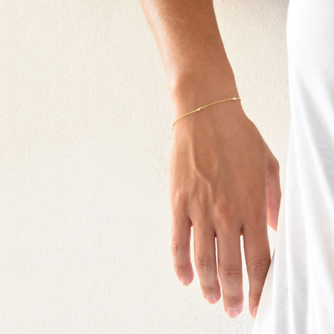 Gold bracelet on a person's wrist against a white background