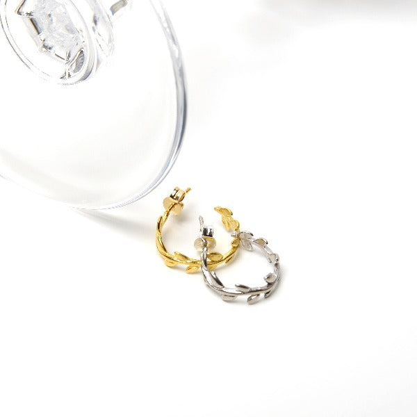 Olive Leaves Silver Hoop Earrings