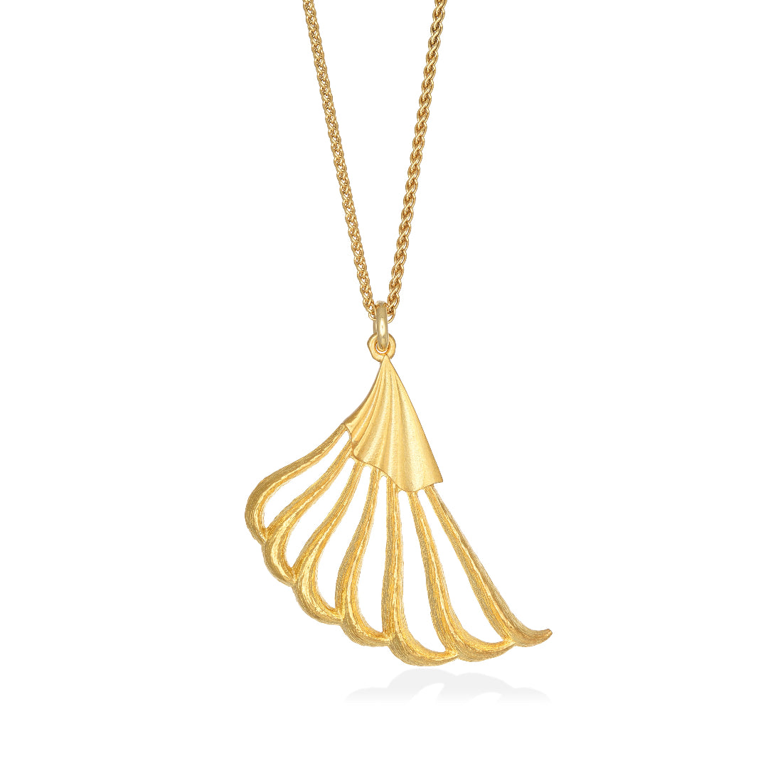 Gold necklace with a fan-shaped pendant on a white background