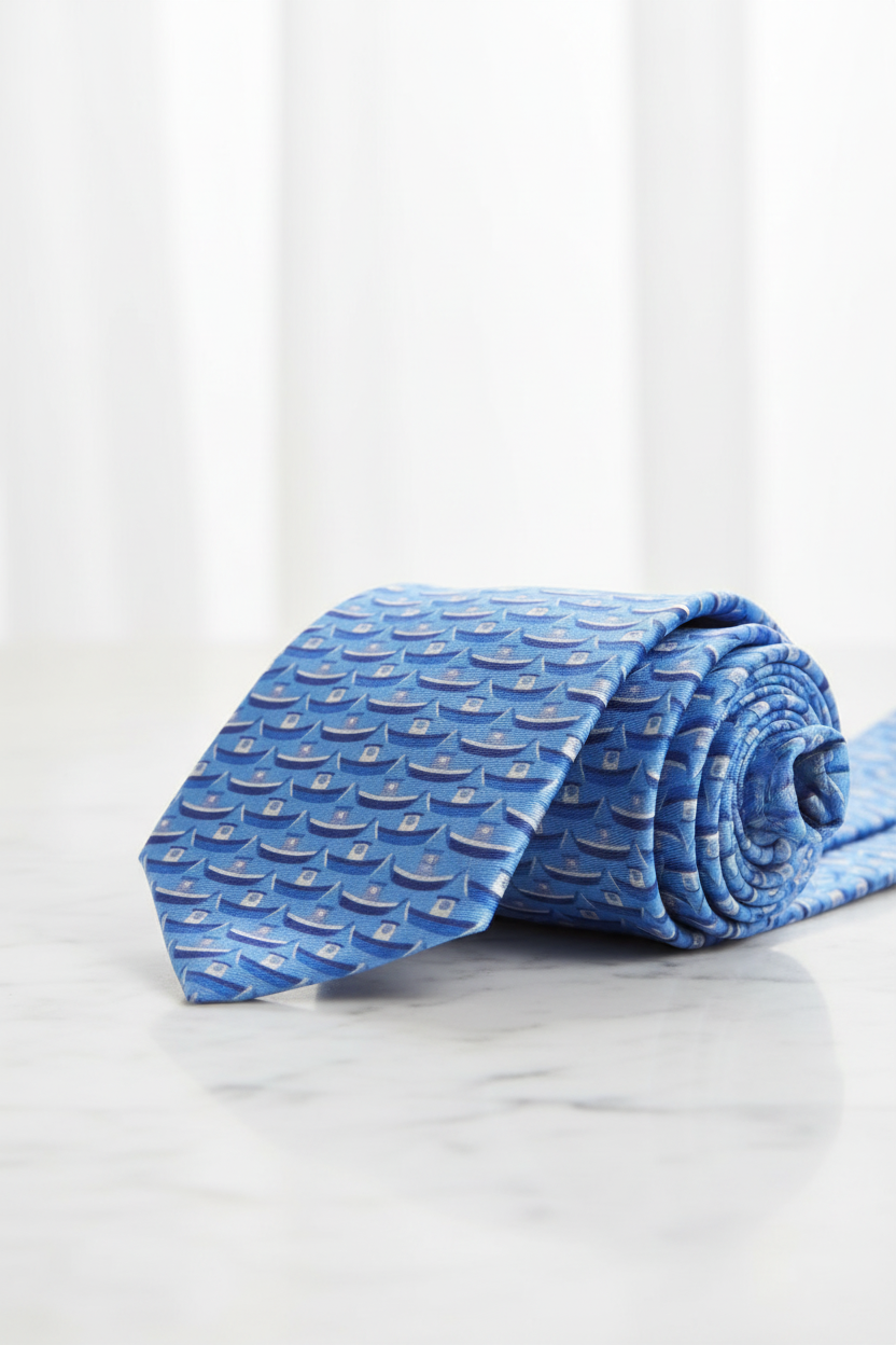 A rolled blue necktie with a repeating small boat pattern, displayed on a light marble surface against a soft white curtain background.