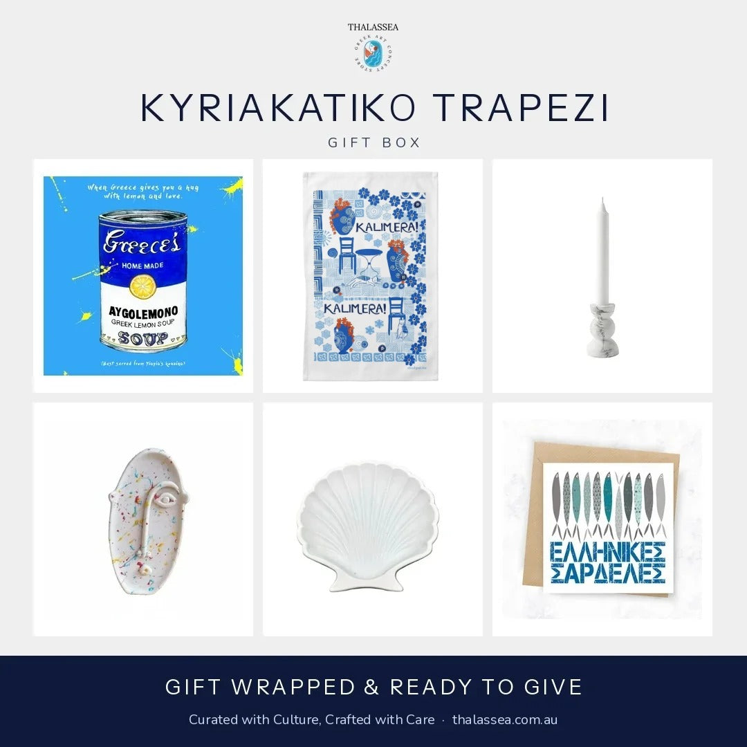 Kyriakatiko Trapezi Gift Box – Greek Sunday table gift box with Rovithi print, Kalimera Pots tea towel, candle holder and ceramic shell | Thalassea