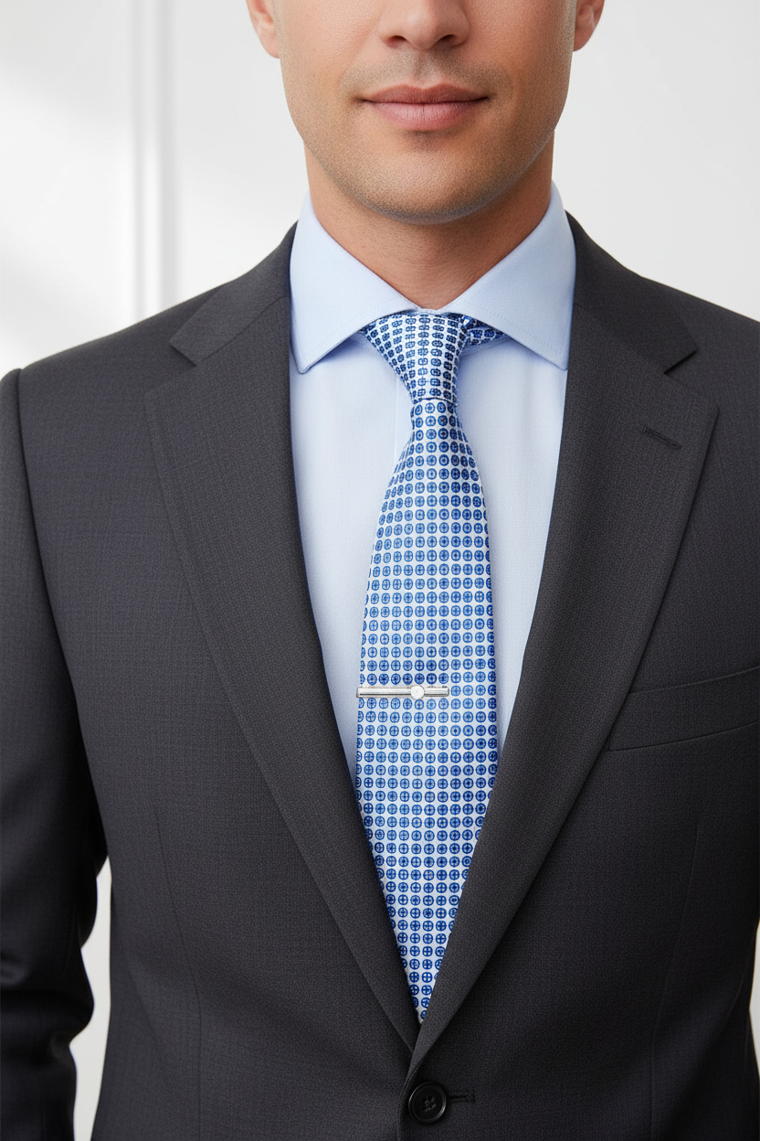 A man wearing a dark gray suit jacket, a light blue dress shirt, and a blue patterned tie with a silver tie clip, shown from the chest up.