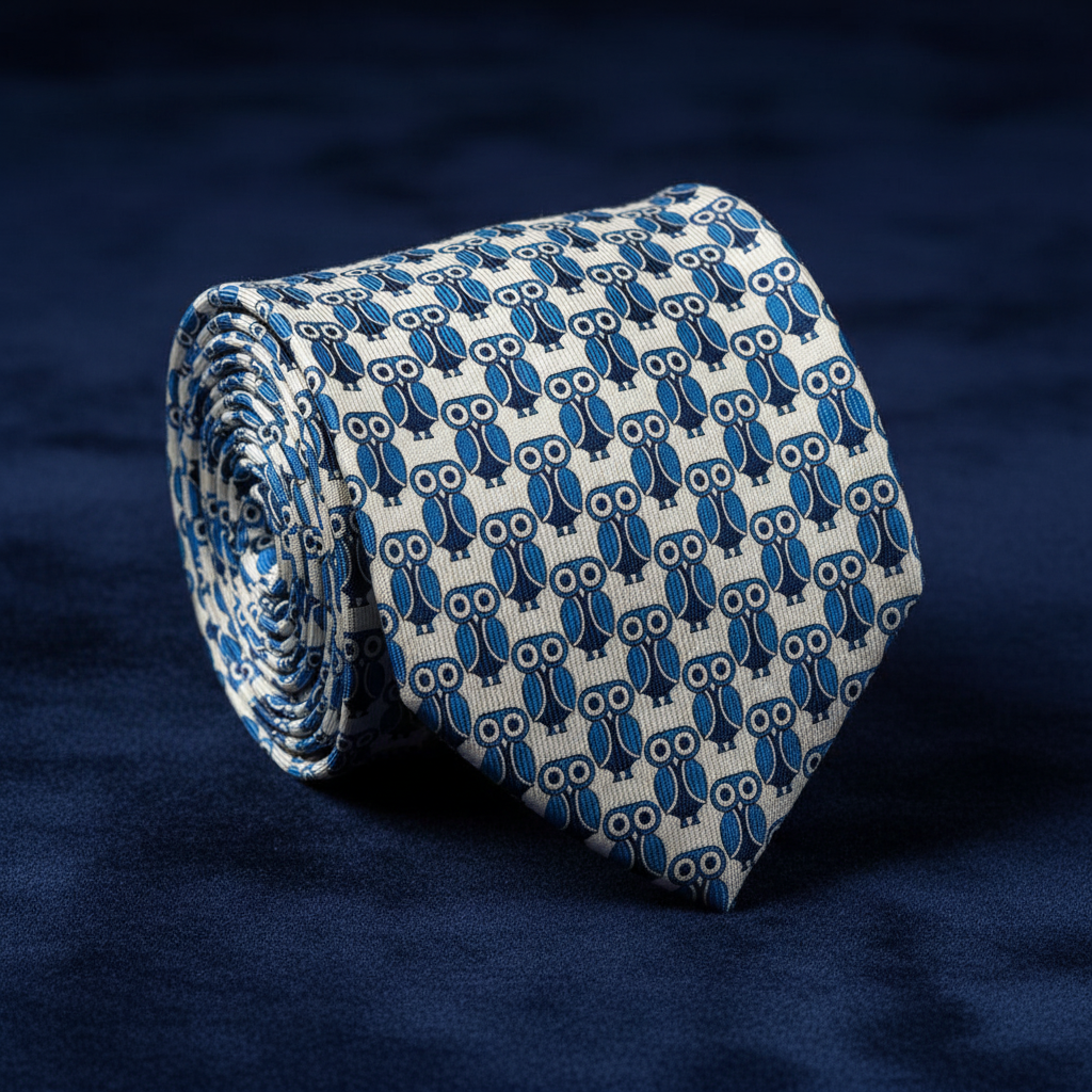 A rolled necktie with a repeating owl pattern in shades of blue, white, and black, displayed on a dark navy blue textured fabric background.