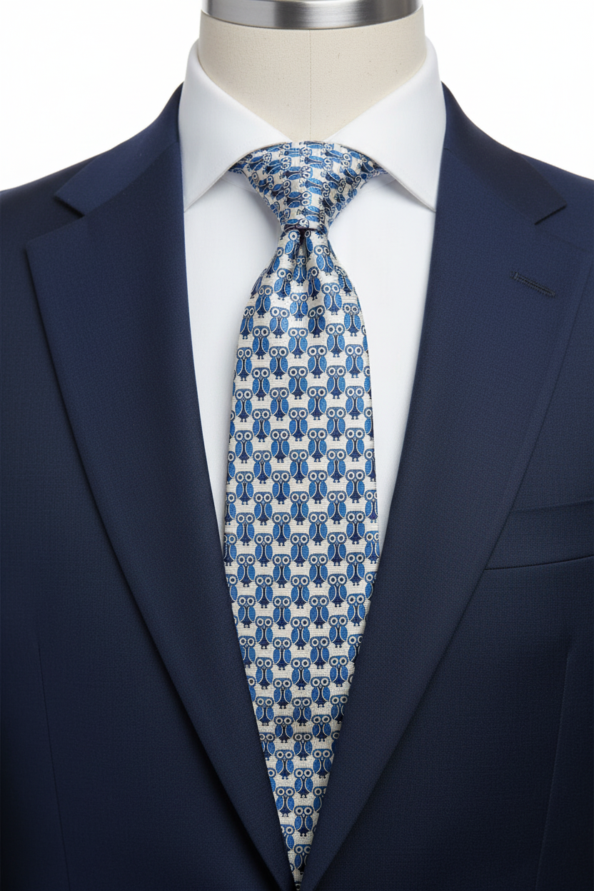 A men's necktie with a blue and white geometric pattern, styled on a white dress shirt and navy blue suit jacket displayed on a mannequin torso.