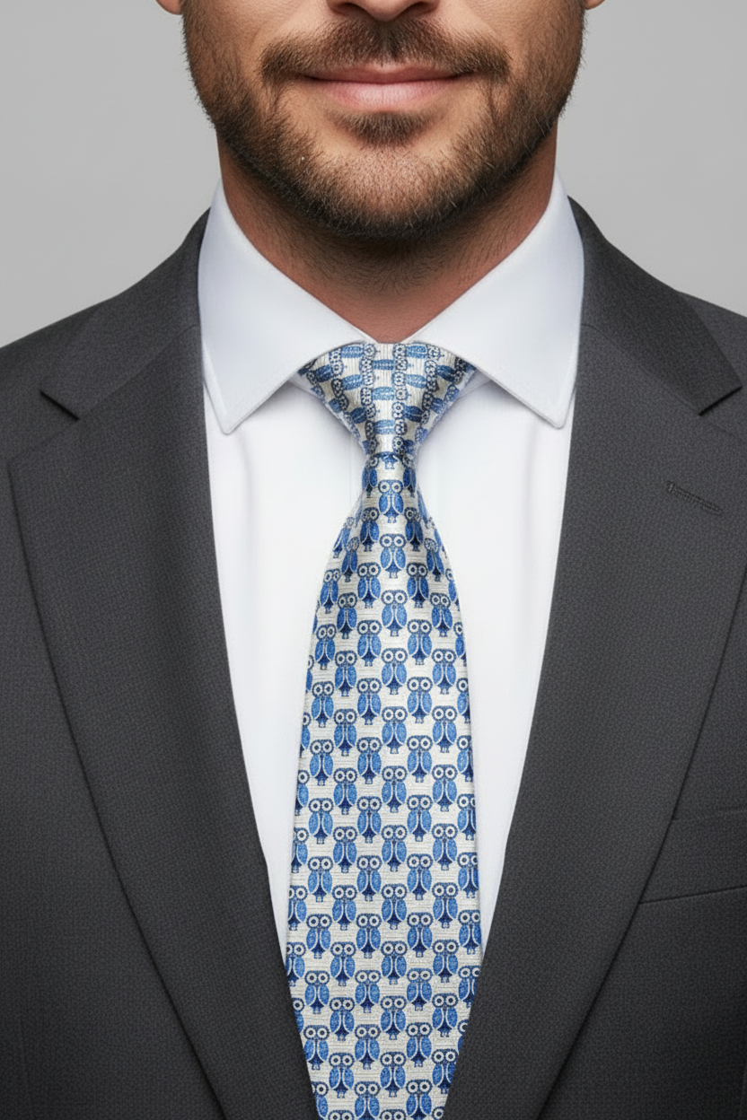 A man wearing a dark gray suit, white dress shirt, and a blue and white patterned necktie, photographed against a solid gray studio background.