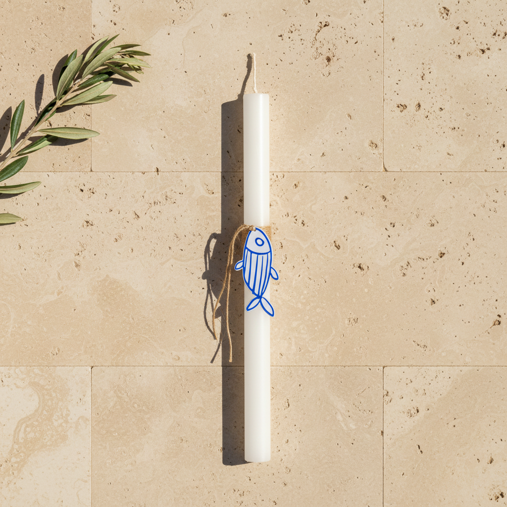 White candle with a blue fish design on a beige stone surface.