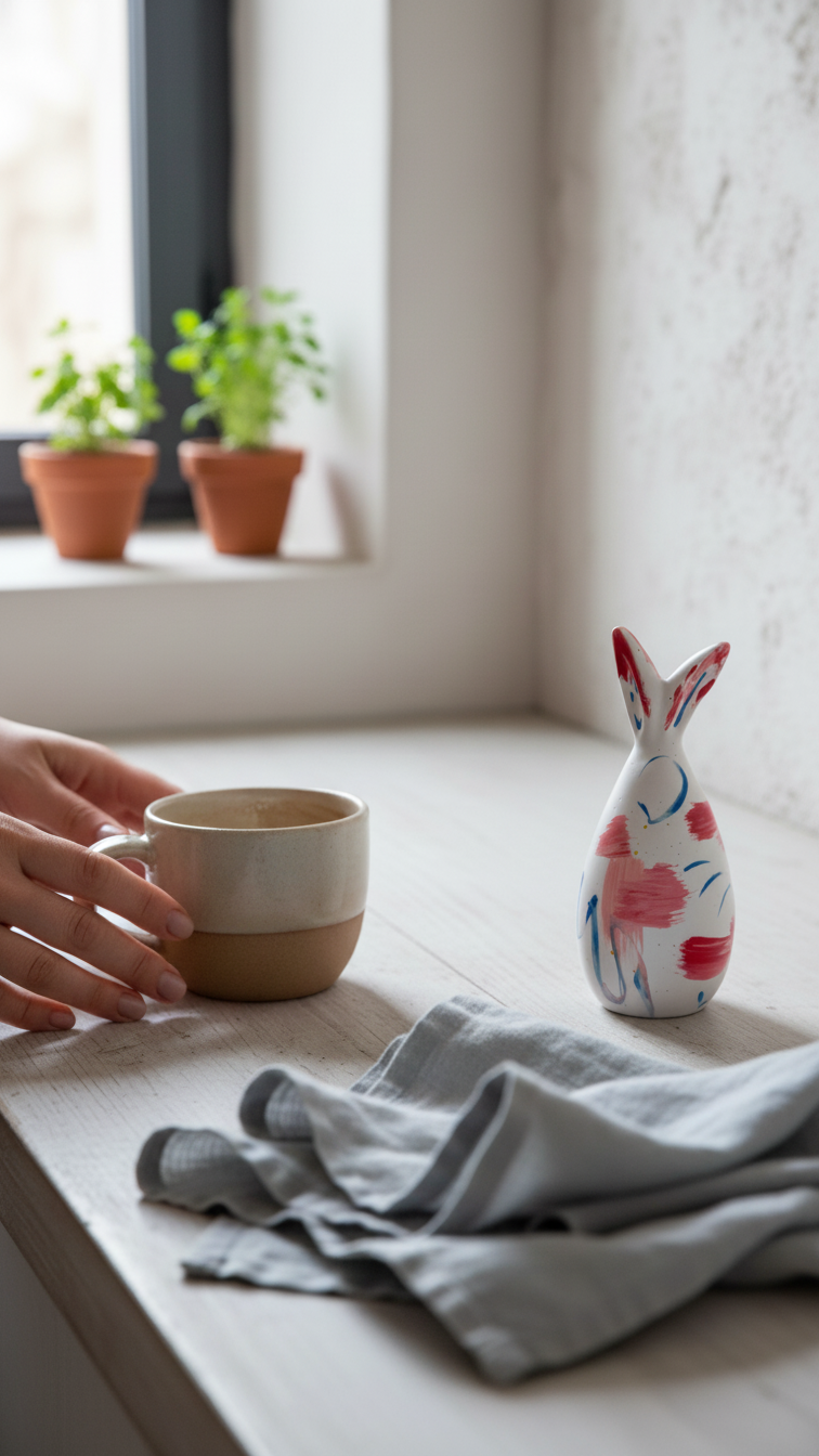 Ceramic mug with a hand, rabbit-shaped container, and folded towel on a windowsill.