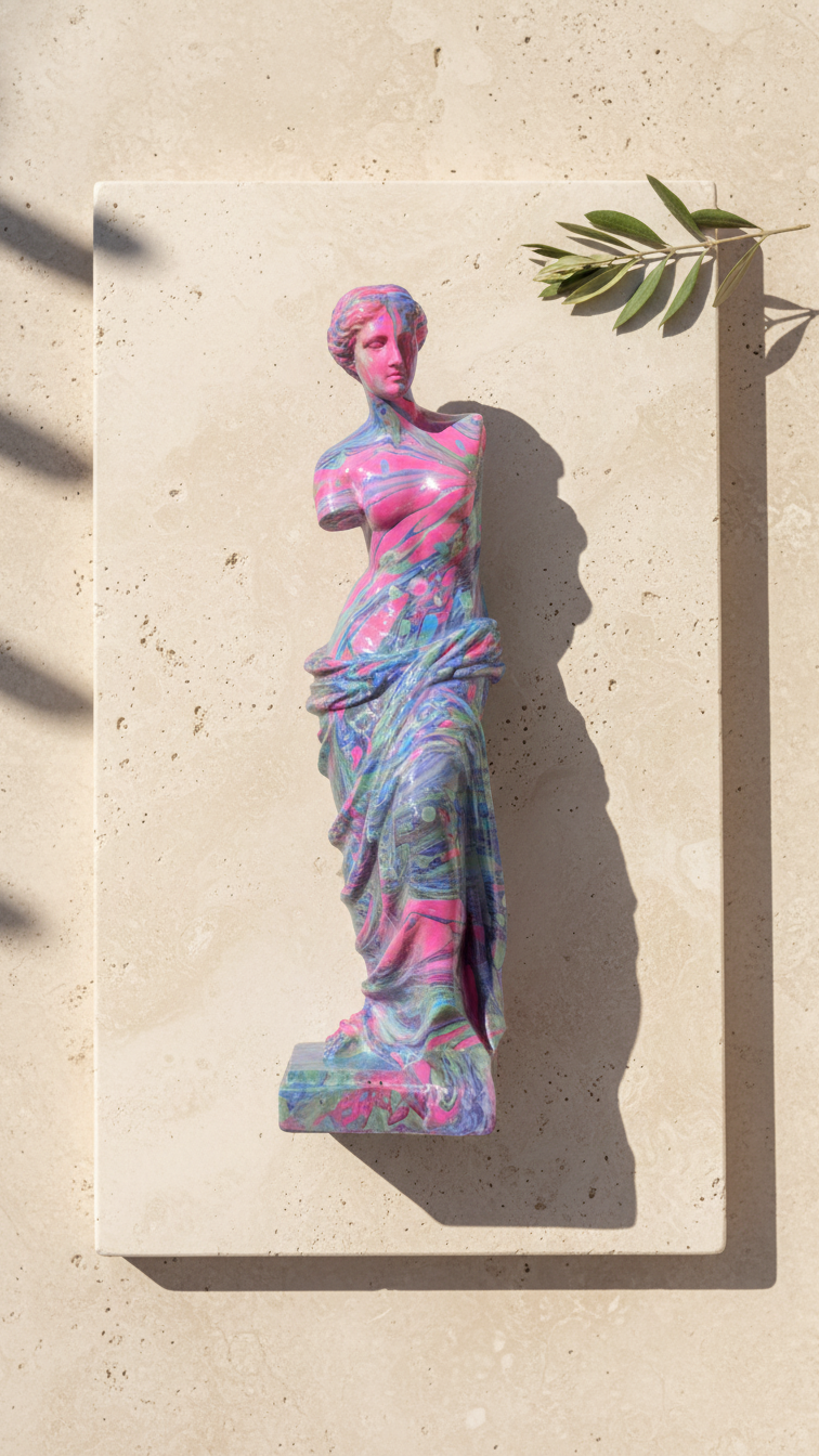 Colorful statue of a woman in a floral dress on a beige surface with a leaf.