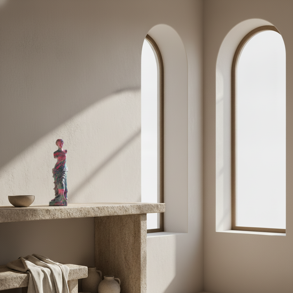Decorative statue on a shelf with arched windows in a neutral-colored room