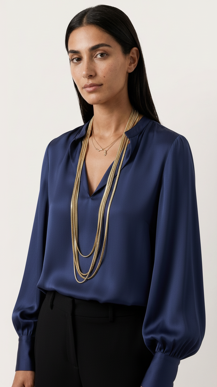 Woman wearing a blue blouse with long sleeves and layered necklaces on a plain background