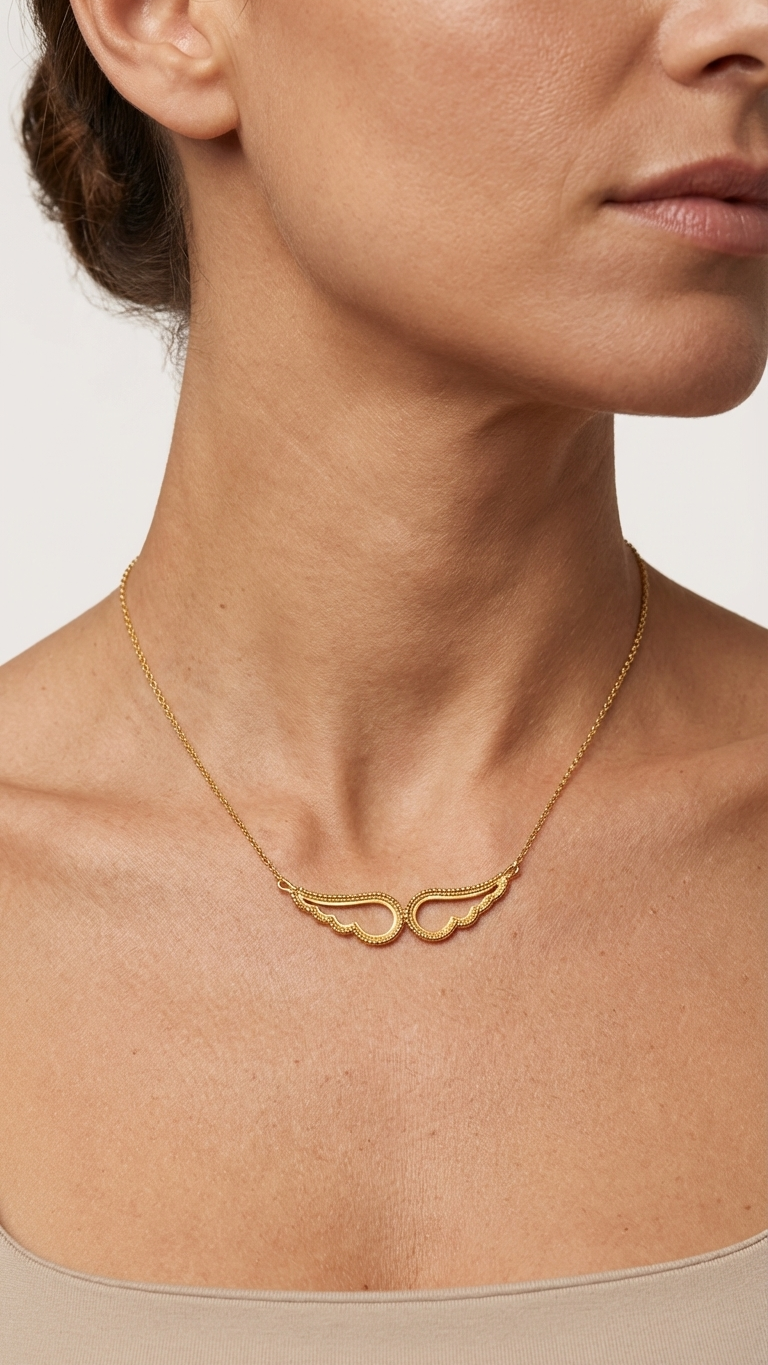 Gold necklace worn by a person on a neutral background