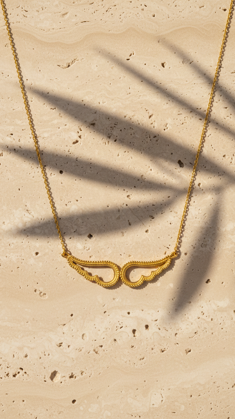 Gold necklace on a beige surface with a shadow
