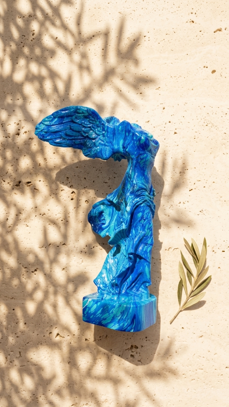 Winged Victory of Samothrace Statue Blue – handmade Greek Ebru-marbled statue in cobalt and turquoise, styled on sandstone with olive leaves | Thalassea