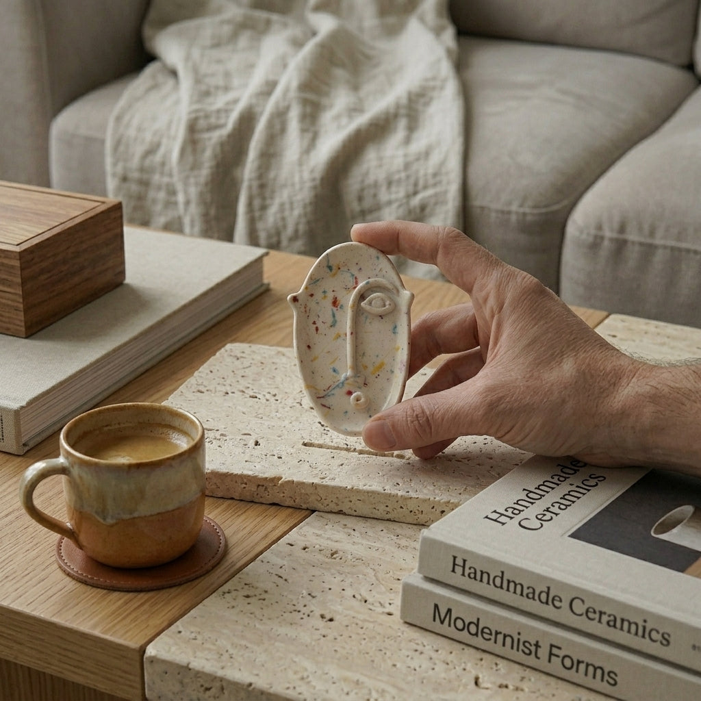 Person holding a small ceramic object on a table with a book titled 'Handmade Ceramics' in the background.
