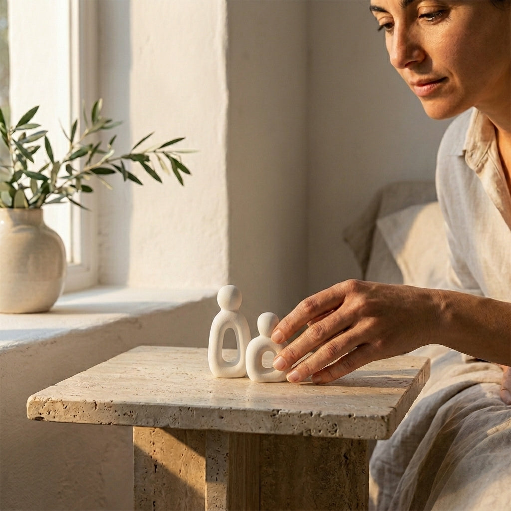 Woman interacting with small ceramic figures on a wooden table in a softly lit room.