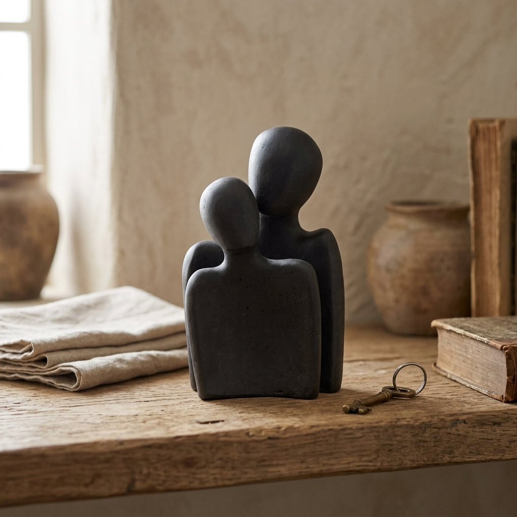 Decorative sculpture of two abstract figures on a wooden surface with books and a key in the background.