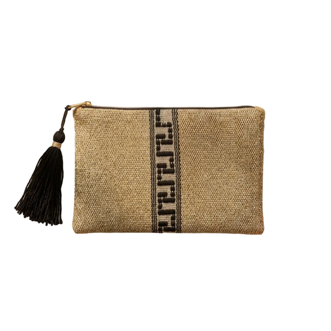 Jute pouch with black tassel on a white background