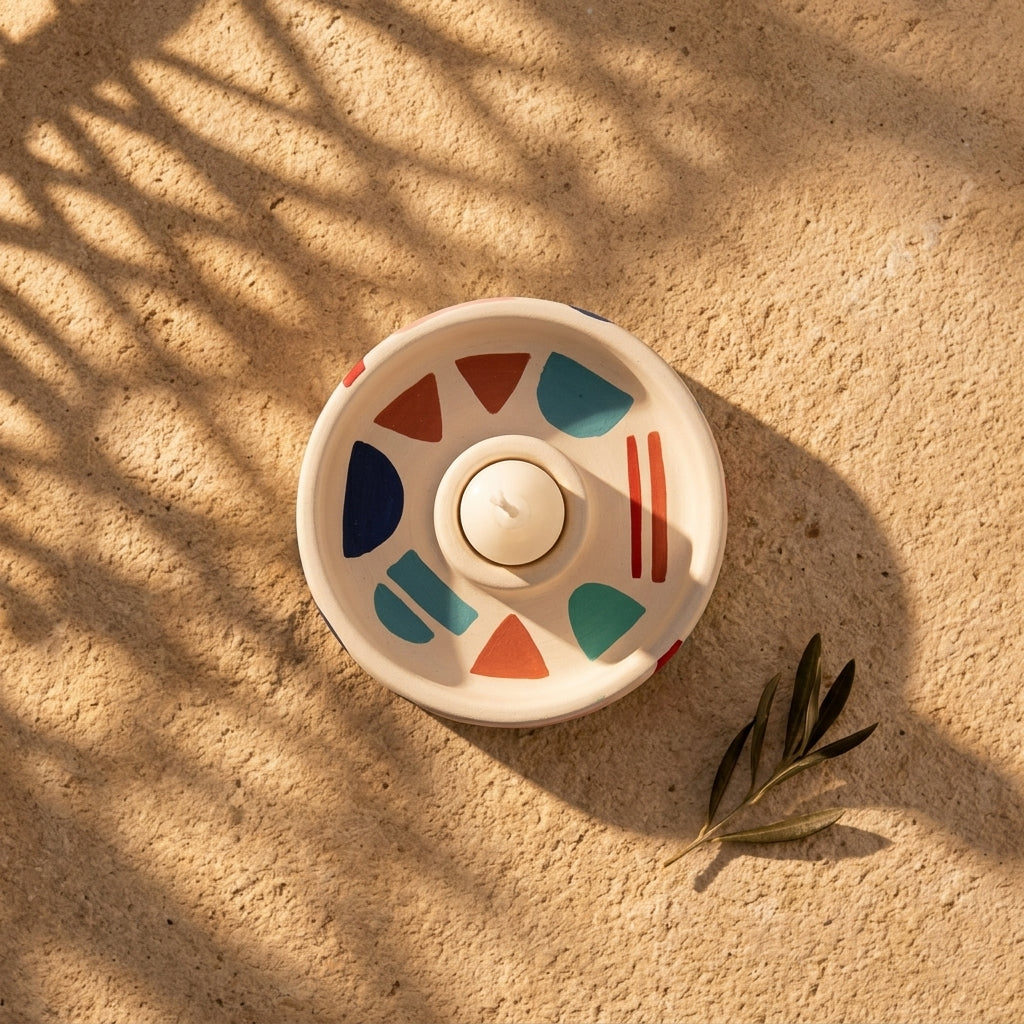 Close-up of Decorative Base Candle Holder – handcrafted jesmonite with unique stone texture and painted detail