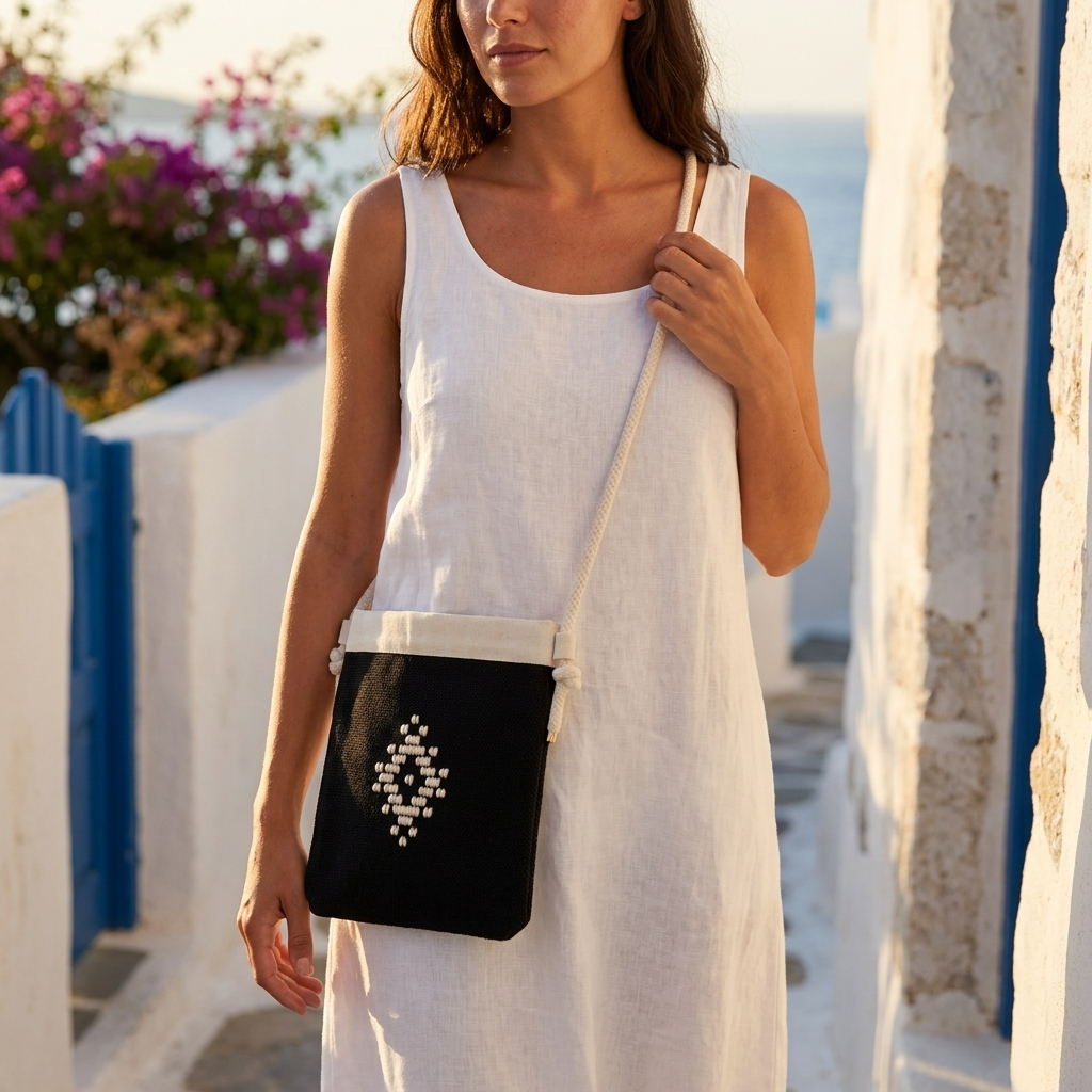 Tagari Thrace – handwoven Greek black cotton crossbody bag, alternate view | Thalassea