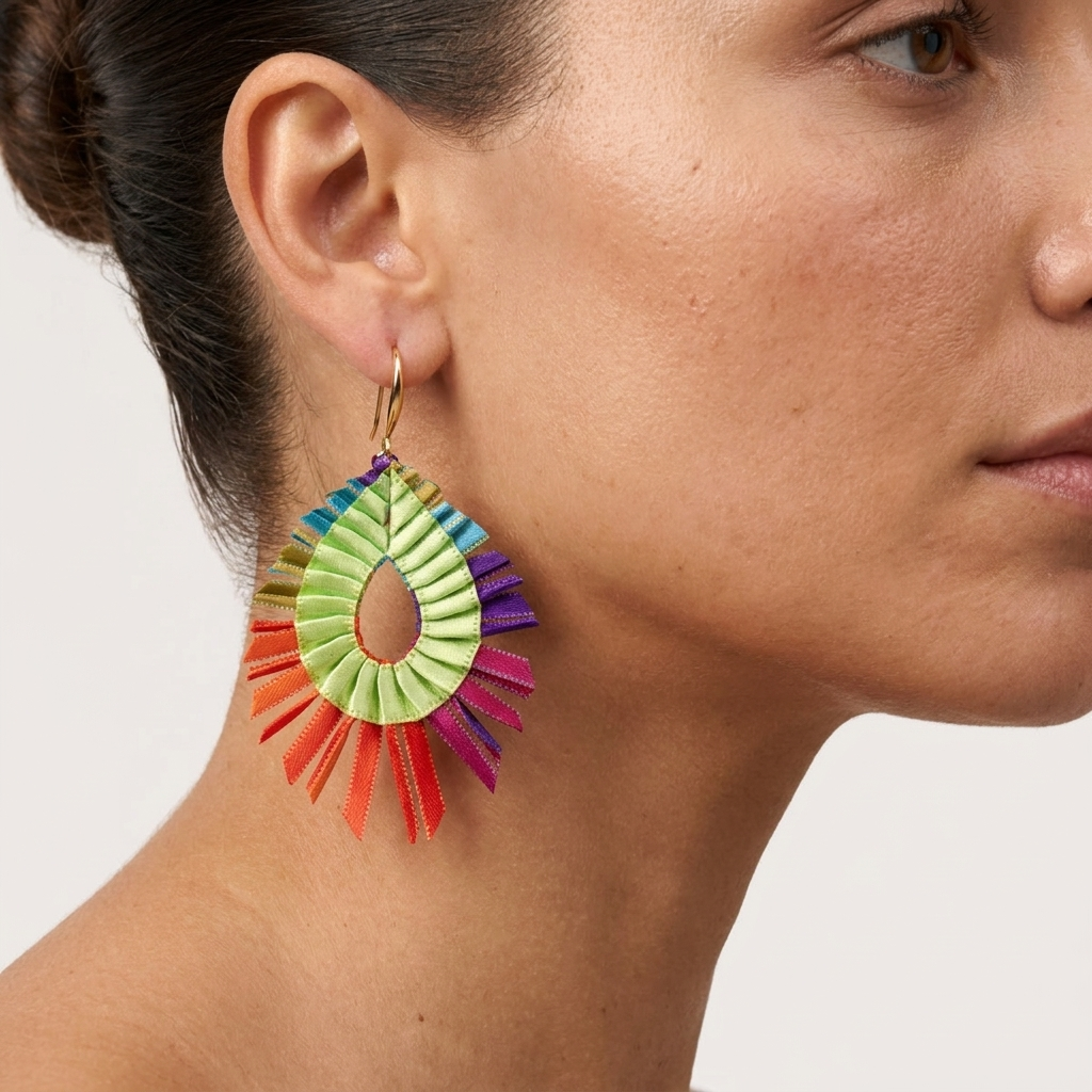 A close-up of a woman wearing a large, colorful, fan-shaped dangle earring made of layered paper or fabric in shades of green, yellow, blue, orange, and purple.