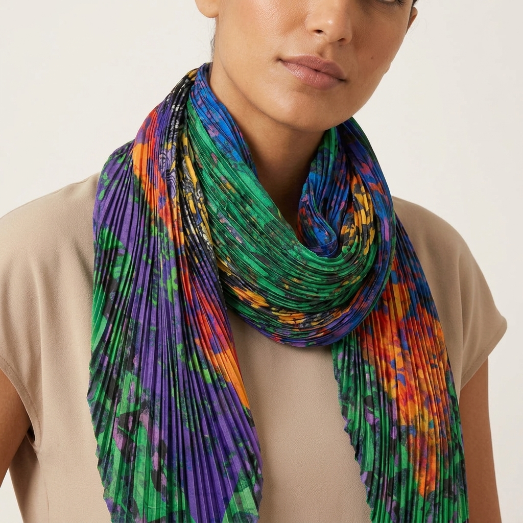 A close-up of a model wearing a pleated infinity scarf with a vibrant multicolor tie-dye pattern in green, purple, blue, orange, and yellow, paired with a beige top against a light off-white background.