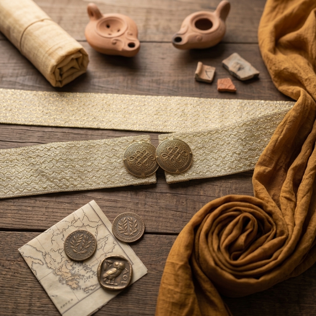 Cream Aurelia Knot Belt on a wooden table with Greek ceramics and amber fabric