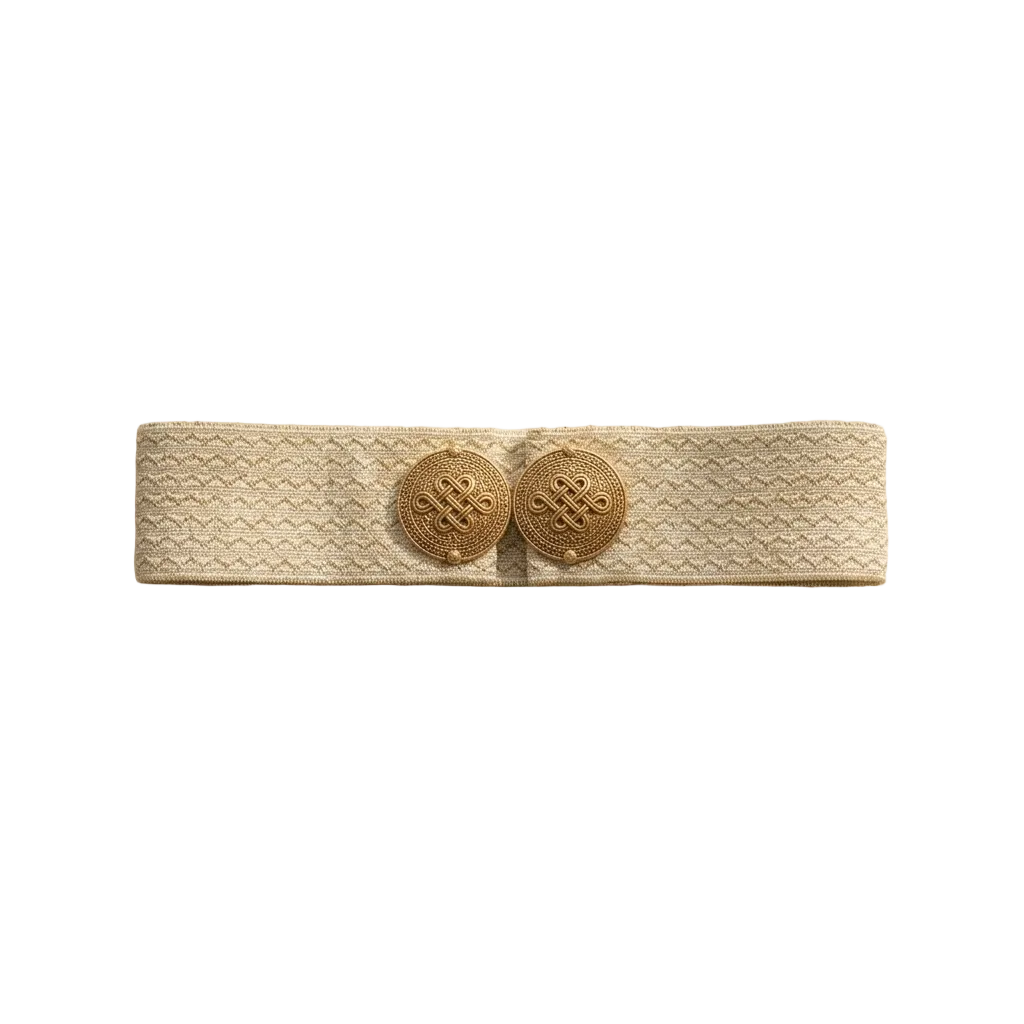 Cream Aurelia Knot Belt by Tzave Designs – cream woven stretch belt with twin gold-tone woven-knot clasp