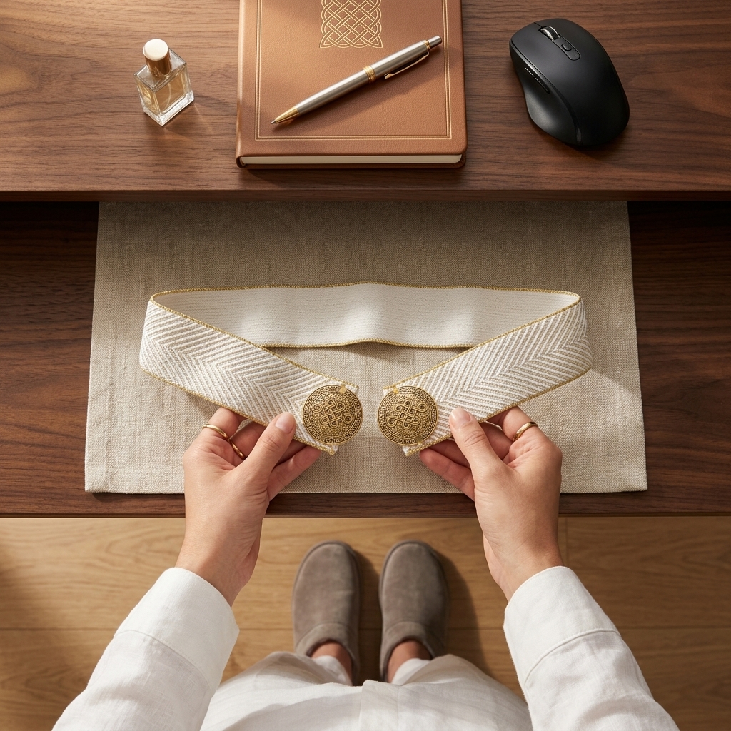 Hands holding the White Aurelia Knot Belt showing the gold-tone knot clasp, on a wooden desk