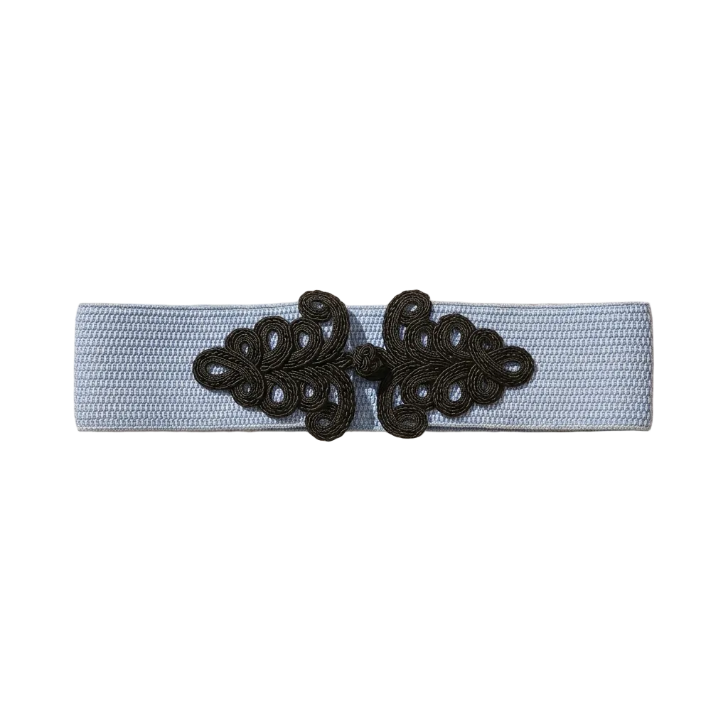 Black & Blue Belt by Tzave Designs – wide pale blue woven stretch belt with black braided-cord clasp