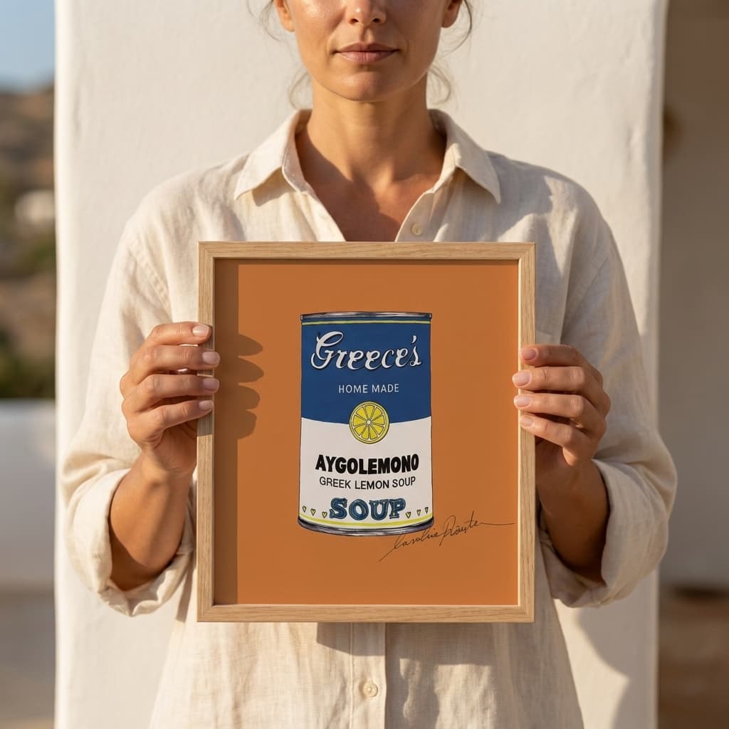 Avgolemono Orange (Small Prints Collection) – Greek pop art soup can print by Caroline Rovithi, framed and held in hand, styled | Thalassea