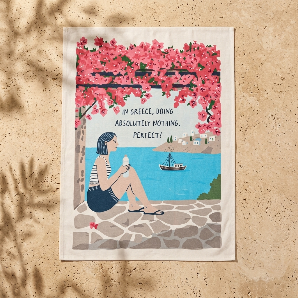 In Greece, Doing Absolutely Nothing. Perfect! Cotton Tea Towel by A Hue of Greek Blue – view 7 | Thalassea