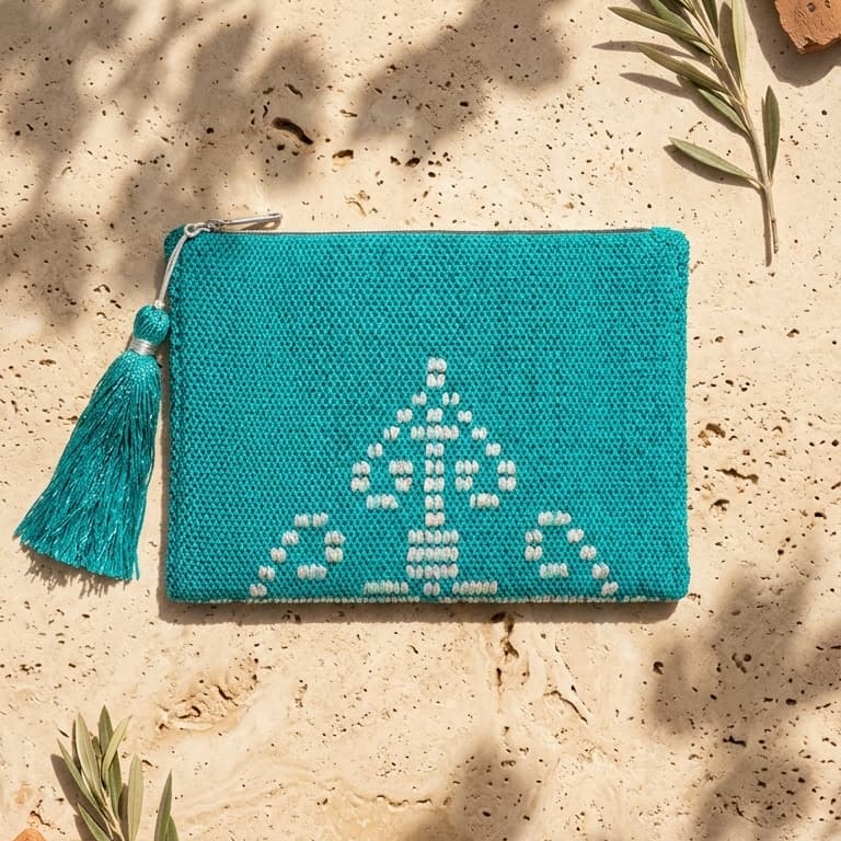 Turquoise pouch with white embroidery and tassel on a textured beige surface with green leaves.