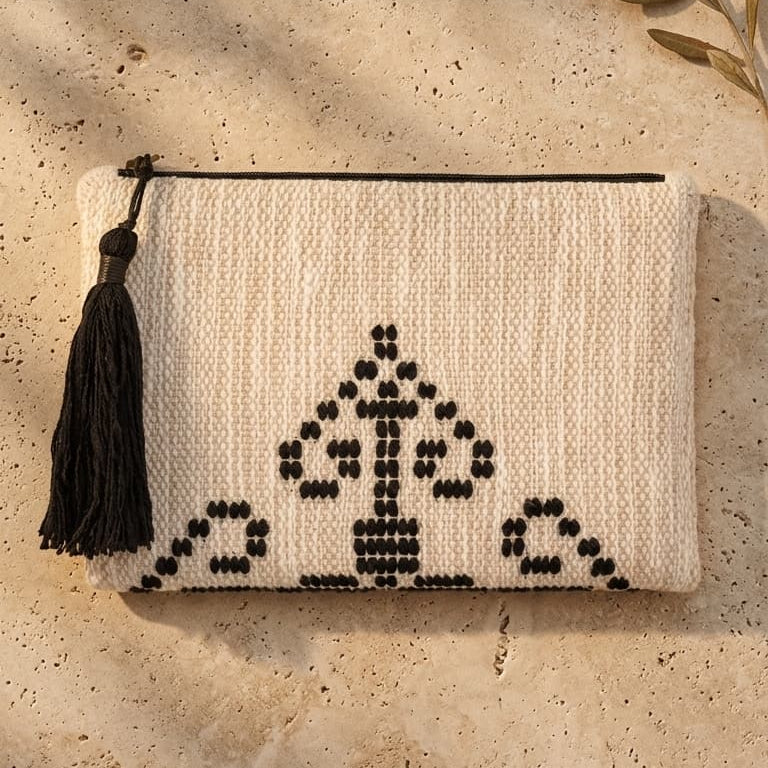 Beige pouch with black geometric patterns and tassel on a beige background