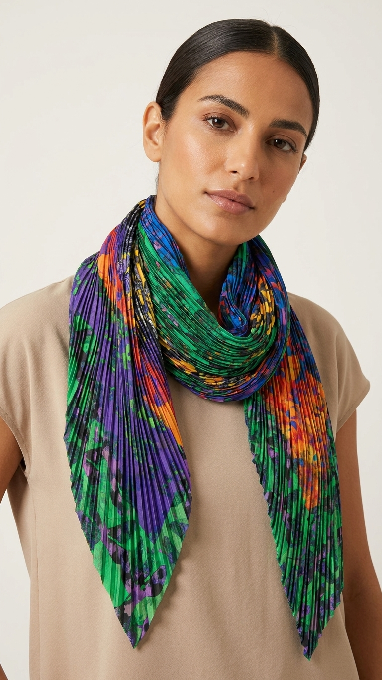 A woman wearing a pleated square scarf with a vibrant multicolor tie-dye pattern in green, purple, blue, orange, and yellow, paired with a beige top against a light beige background.