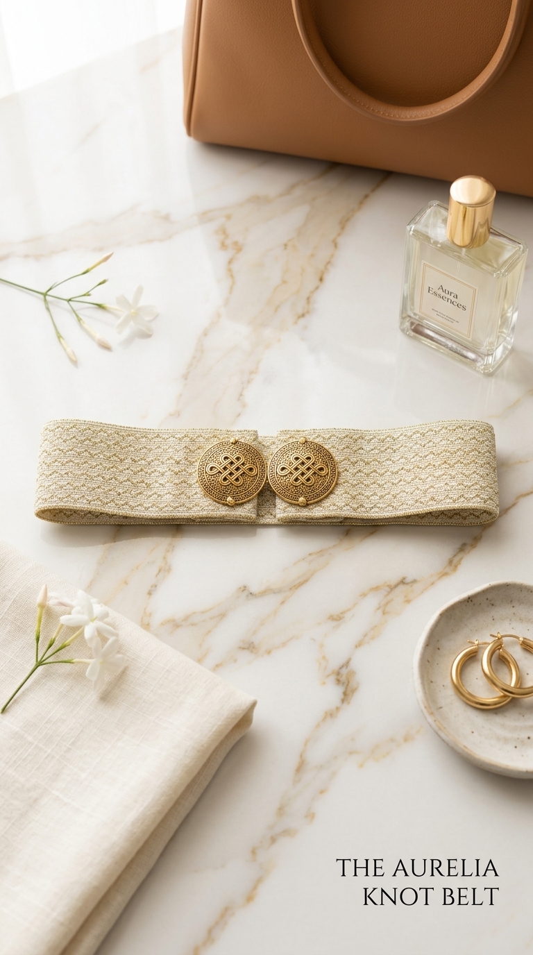 Cream Aurelia Knot Belt styled flat with a straw hat and summer accessories
