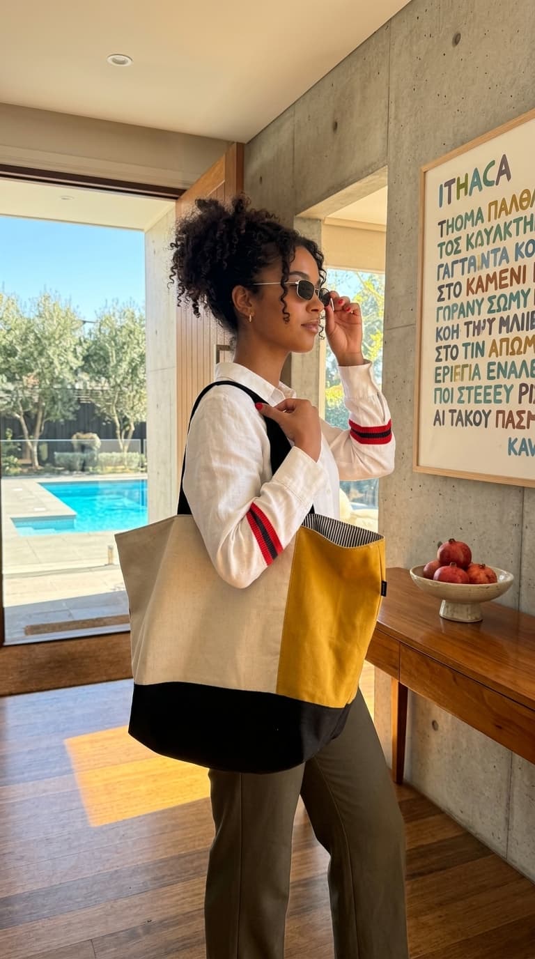 Color-Block Cotton & Linen Tote Bag
