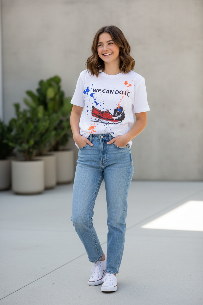 Woman wearing a white t-shirt with colorful graphics and text, standing outdoors.