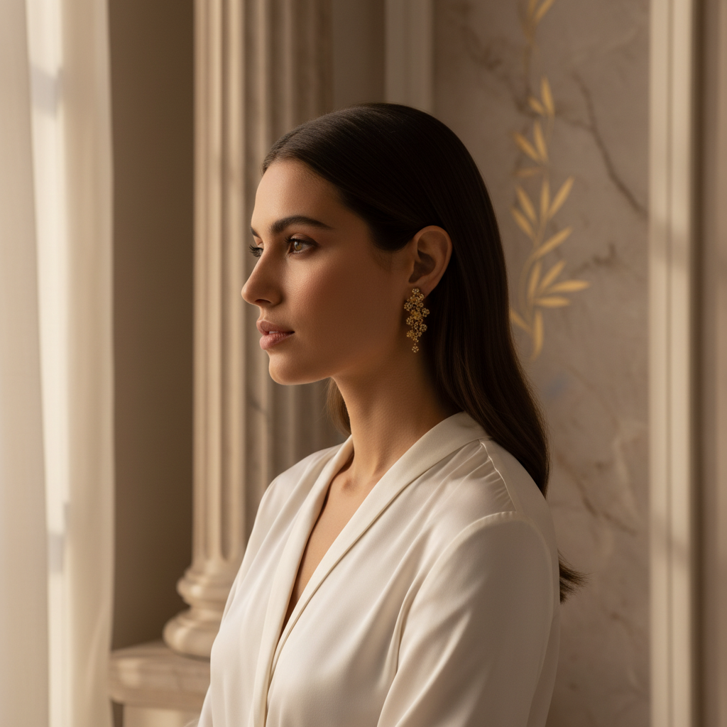 Woman in a white outfit standing in a classical setting with columns and decorative wall.